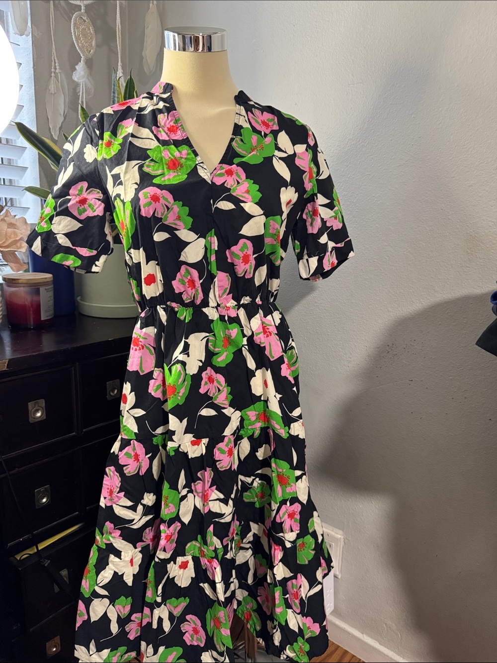 Who What Wear Black Midi Dress with Pink & Green Floral Print